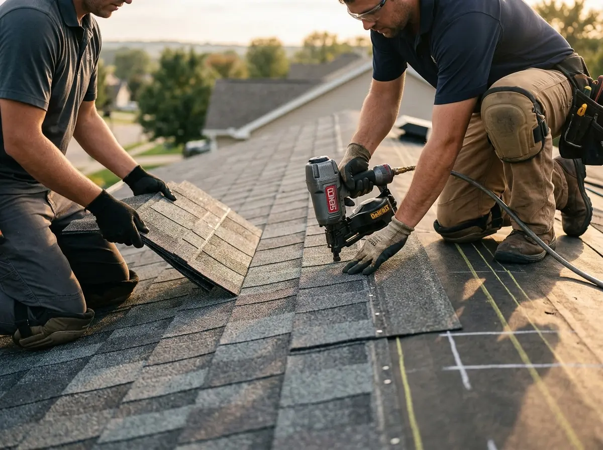 Professional roofer working on a residential roof in Bloomfield